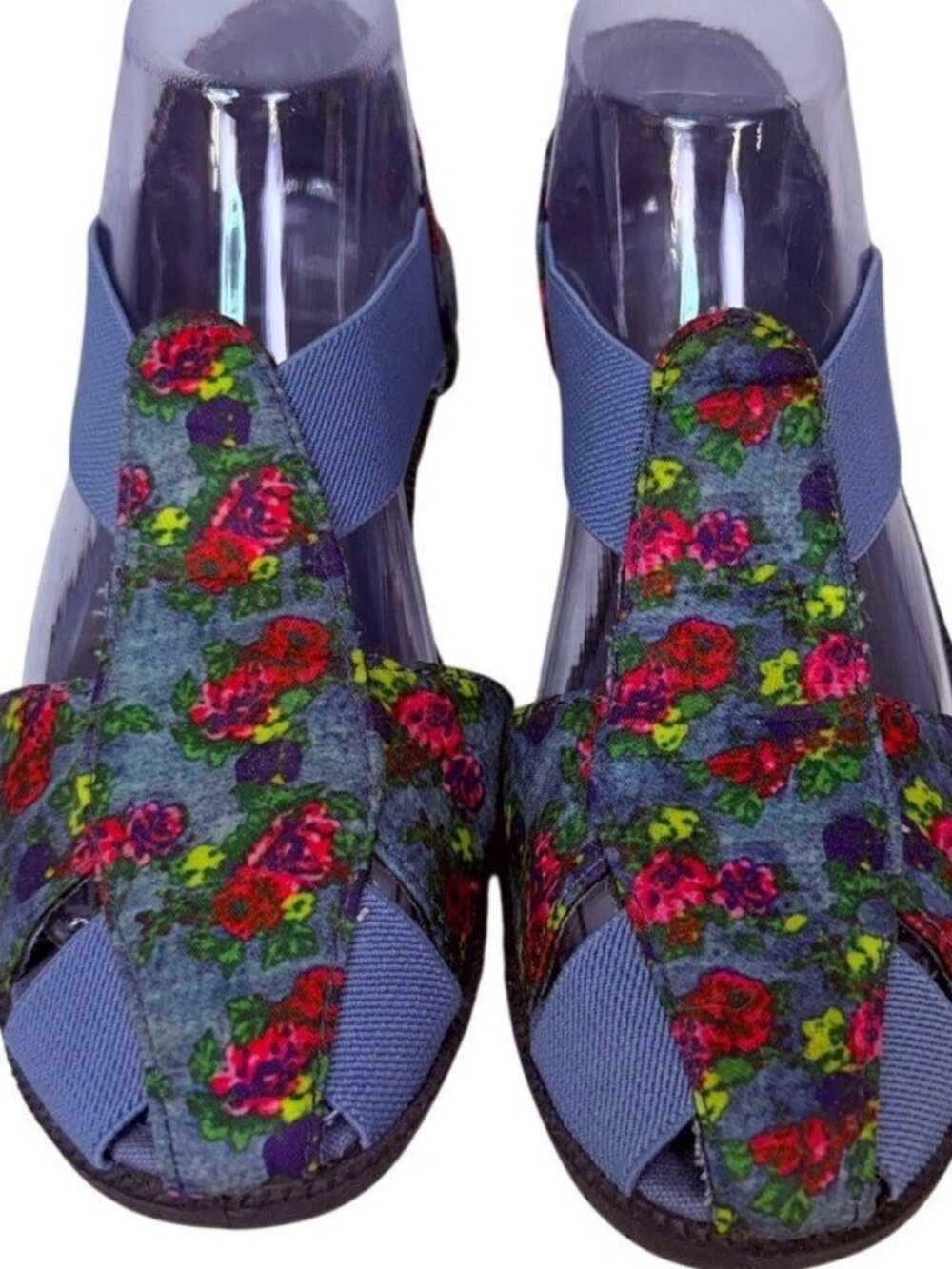 Comfort Ease Stretch Slip on Sandal Denim & Floral Design Women's Size 9W
